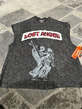GSTR "Lost Angel" muscle tee, a vintage black/charcoal all-over star pattern
